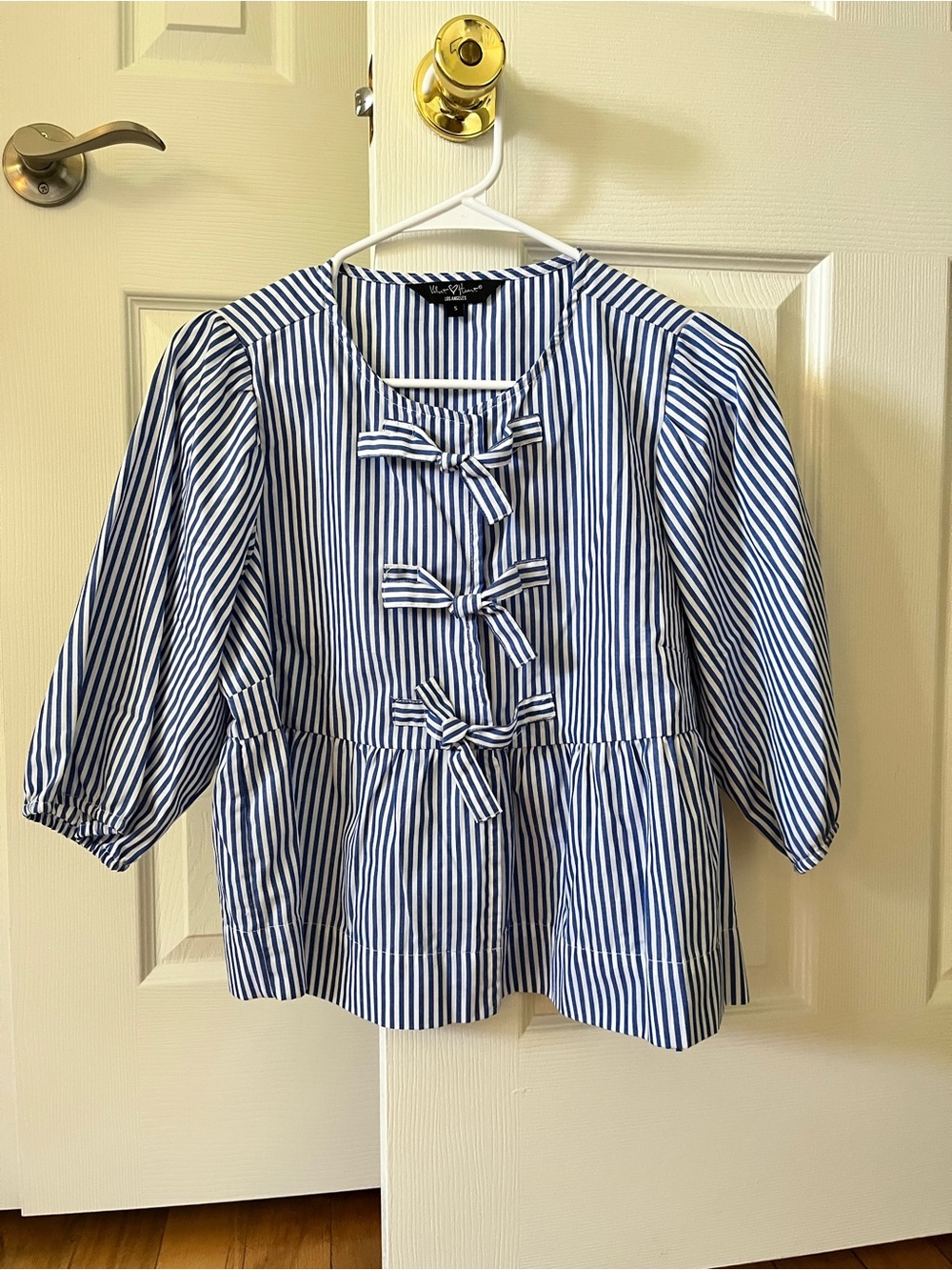 Velvet Heart Blue & White Striped Bow-Front Peplum Blouse Sz S